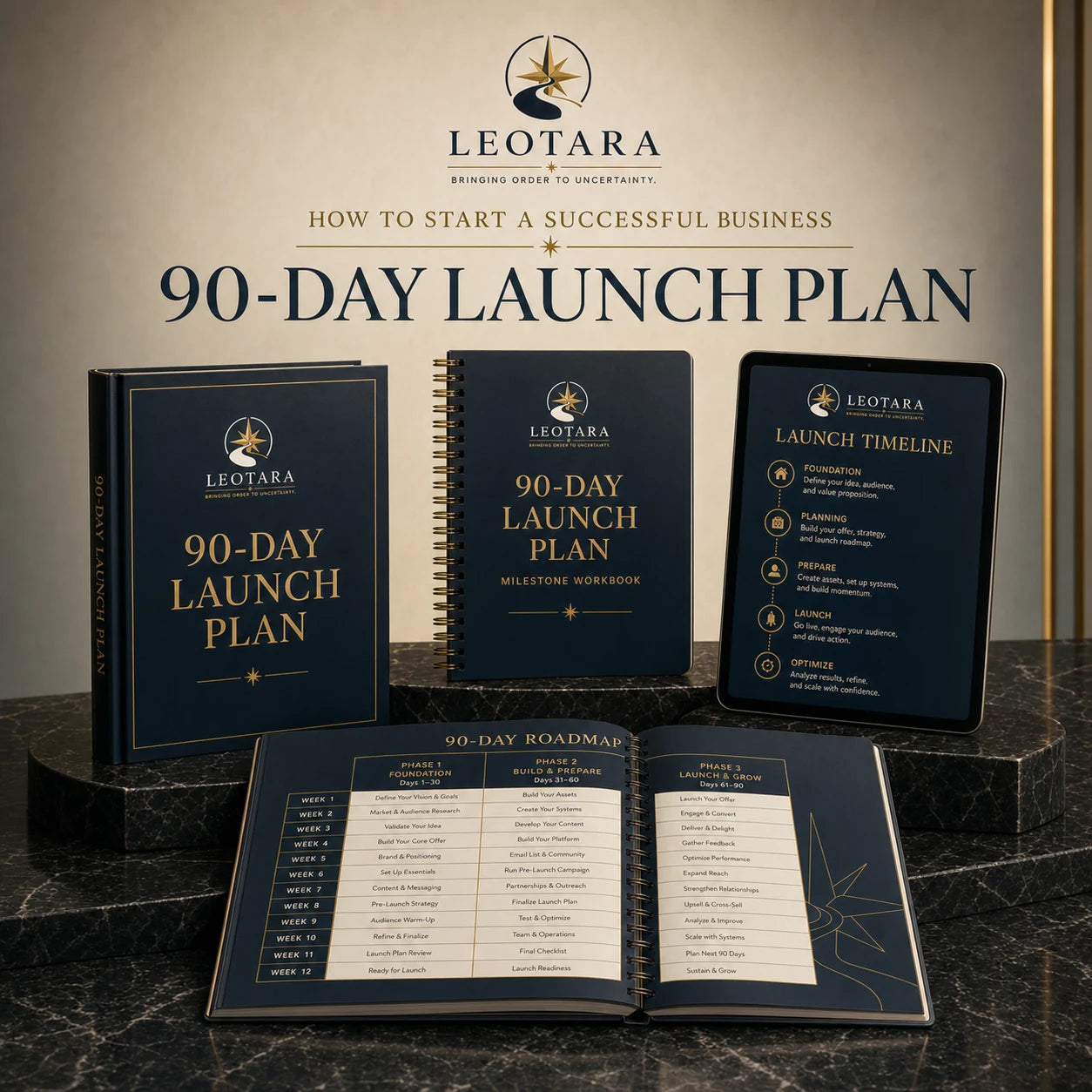 Coordinated Leotara 90-Day Launch Plan showroom mockup