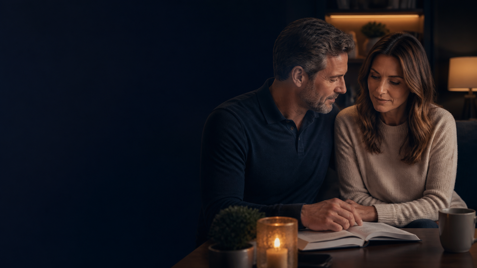Committed adult couple sharing a calm, reflective practice together