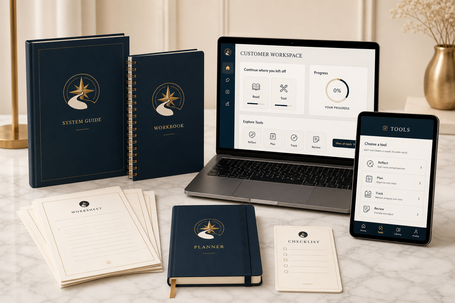 Universal Leotara Product experience with a System Guide, Workbook, Worksheets, Planner, Checklist, Customer Workspace, and interactive Tools