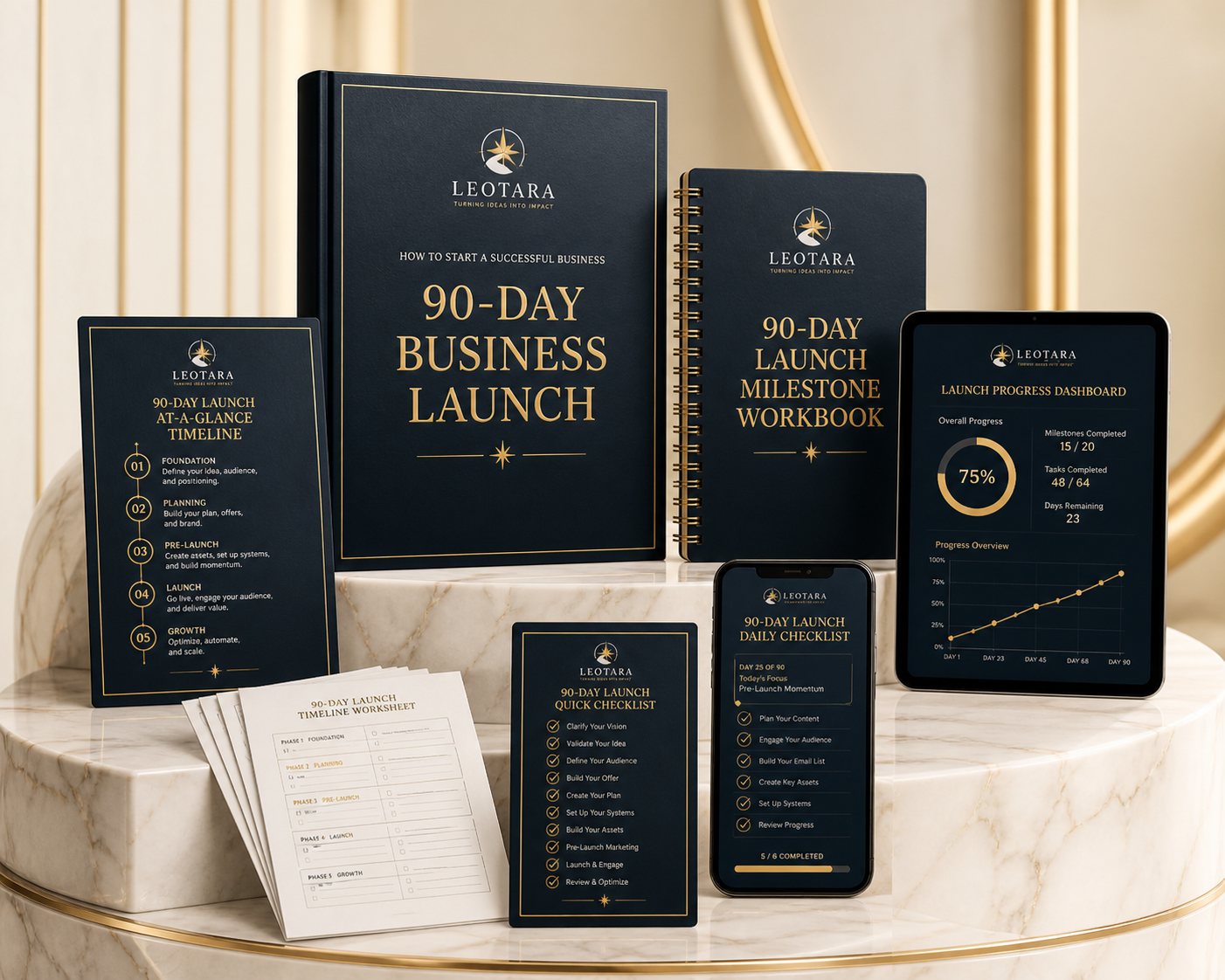 90-Day Business Launch visual concept preview on white marble