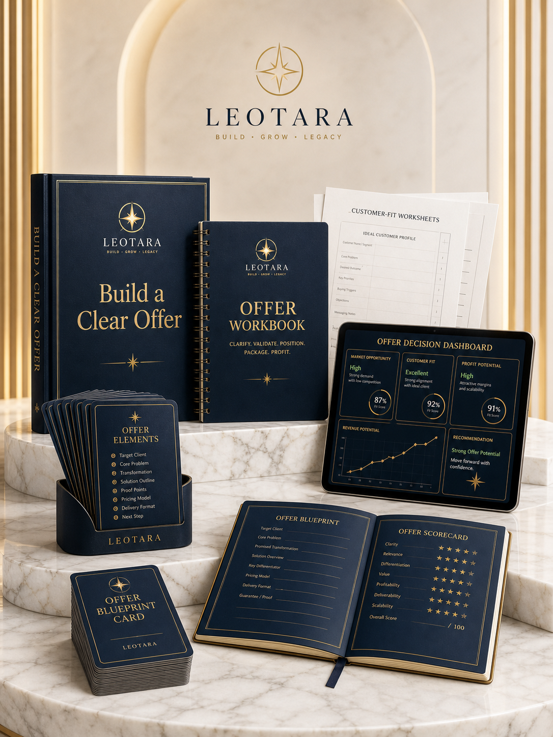 Build a Clear Offer visual concept preview on white marble