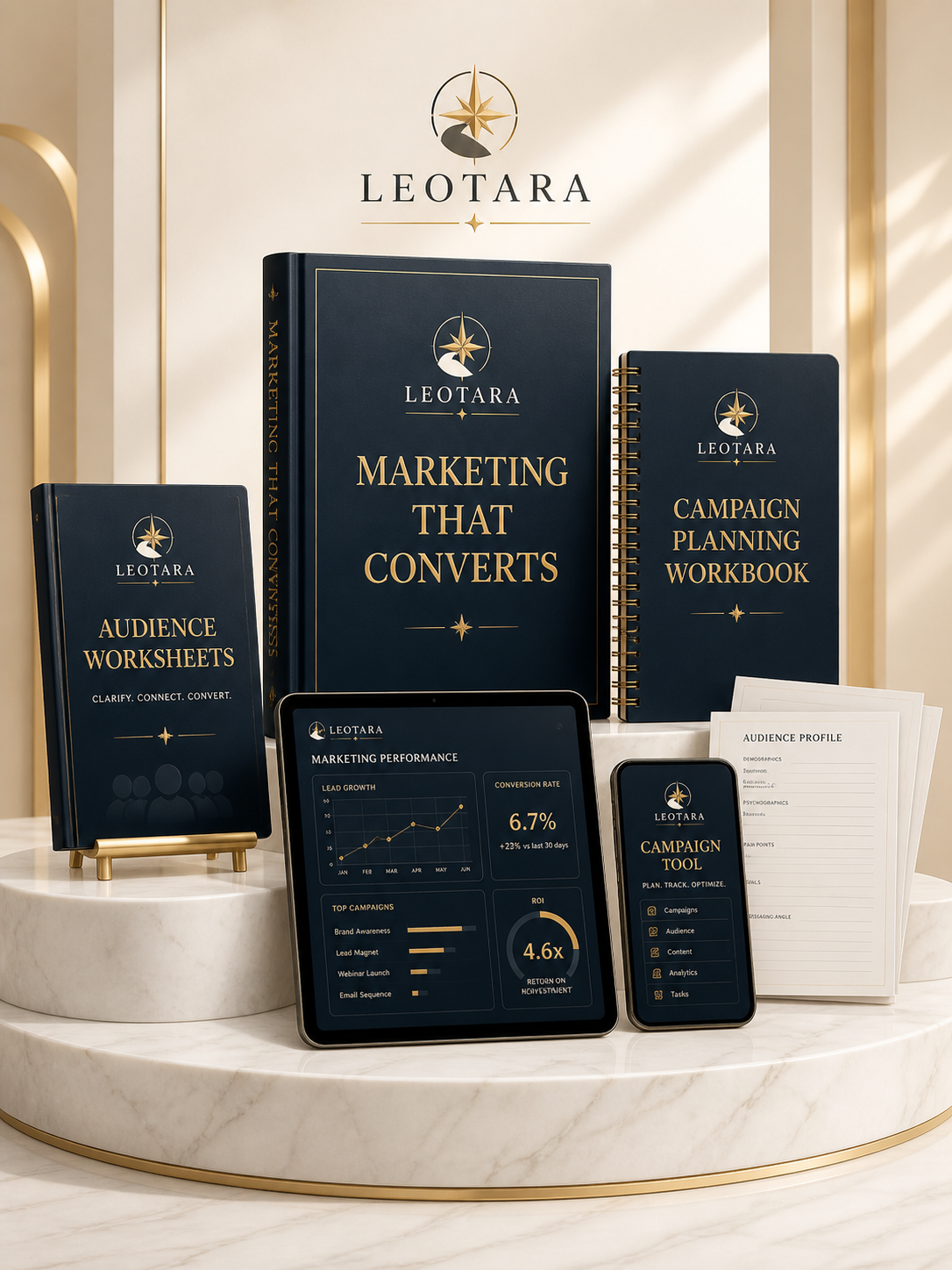 Marketing That Converts visual concept preview on white marble