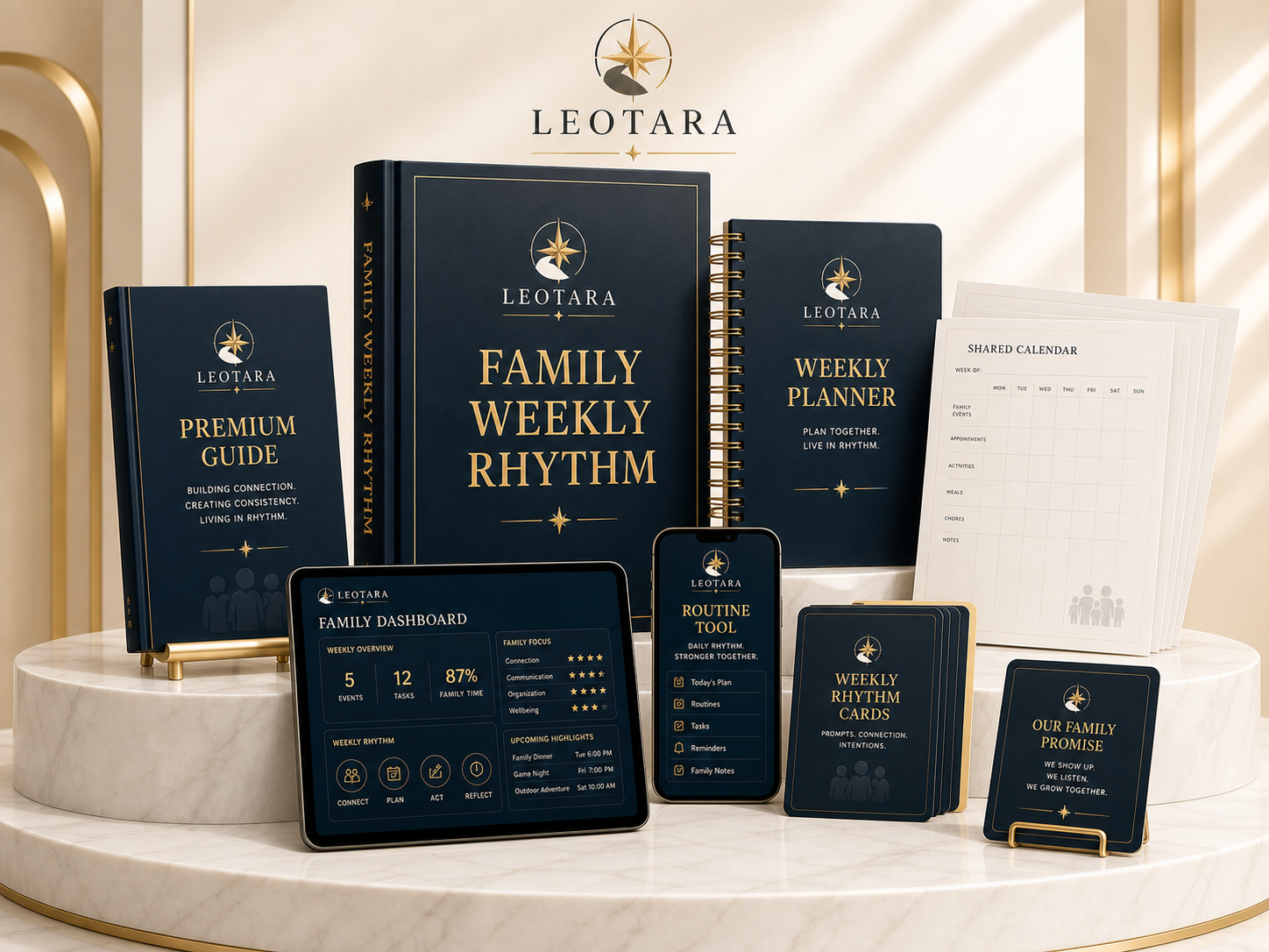 Family Weekly Rhythm visual concept preview on white marble