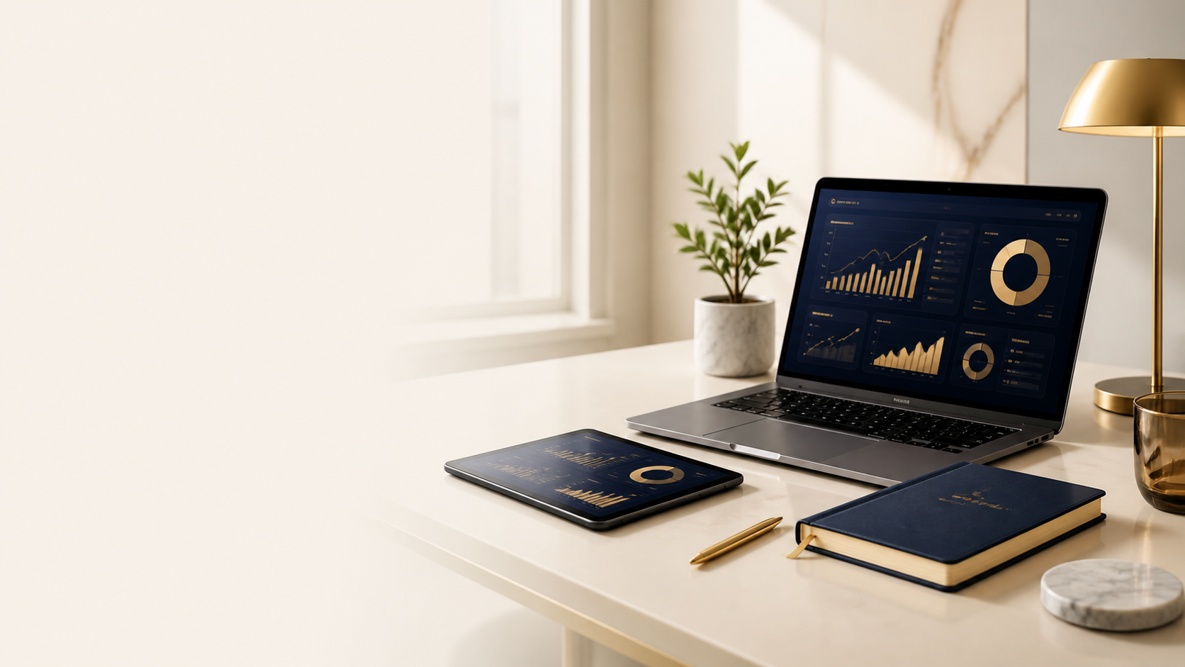 Premium executive workspace with coordinated business dashboards and planning tools