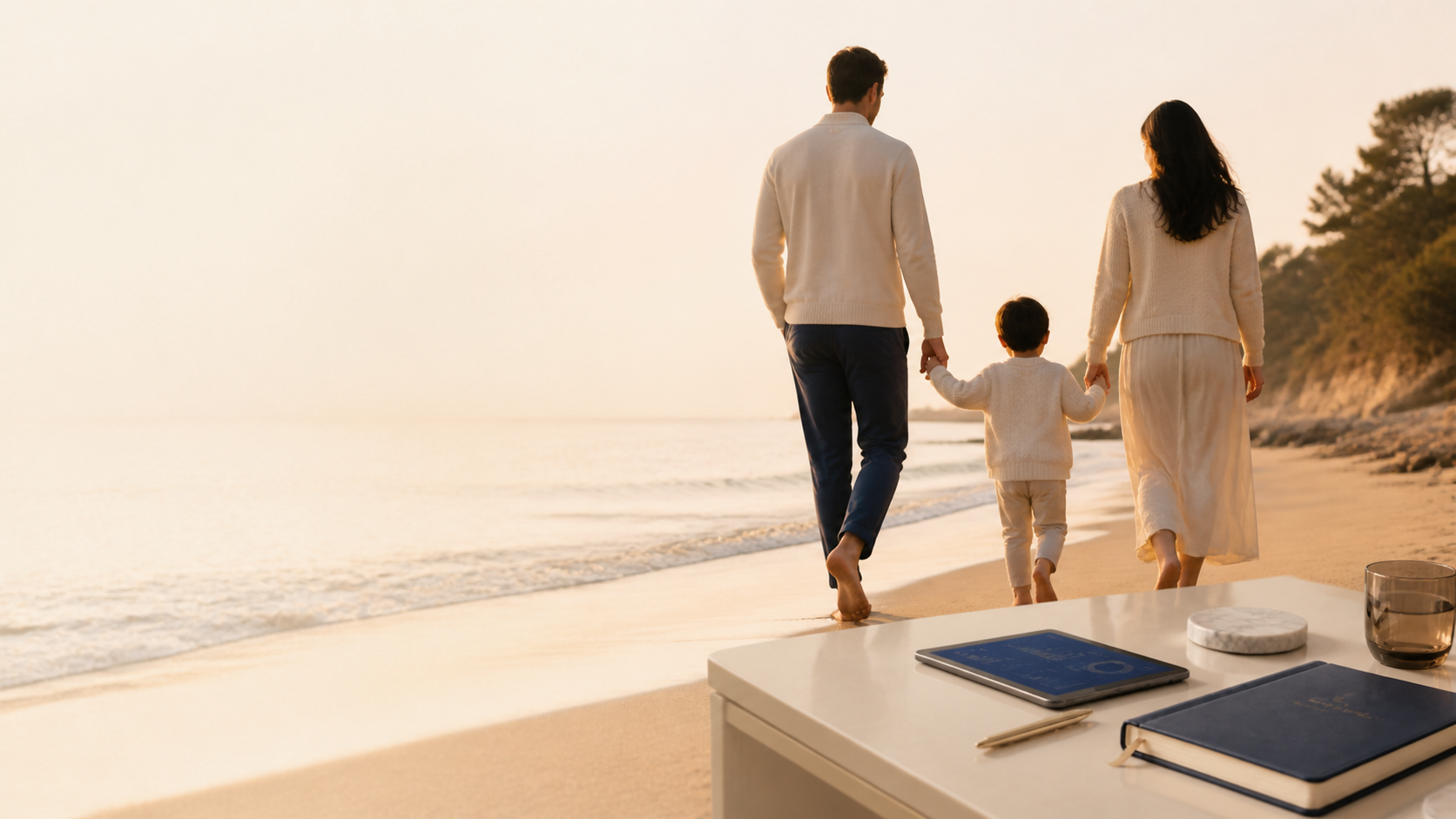 Family walking together at golden hour beside premium planning materials