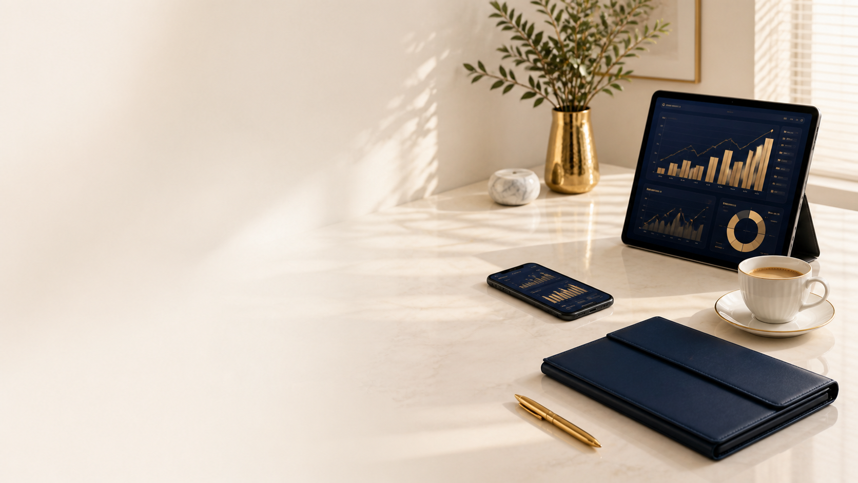 Premium financial planning workspace with navy and gold dashboards